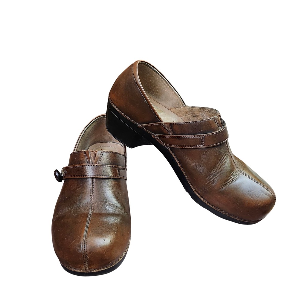 Dansko Brown Leather Button Strap Clogs Mules EU 40 US Women 9.5-10 Professional